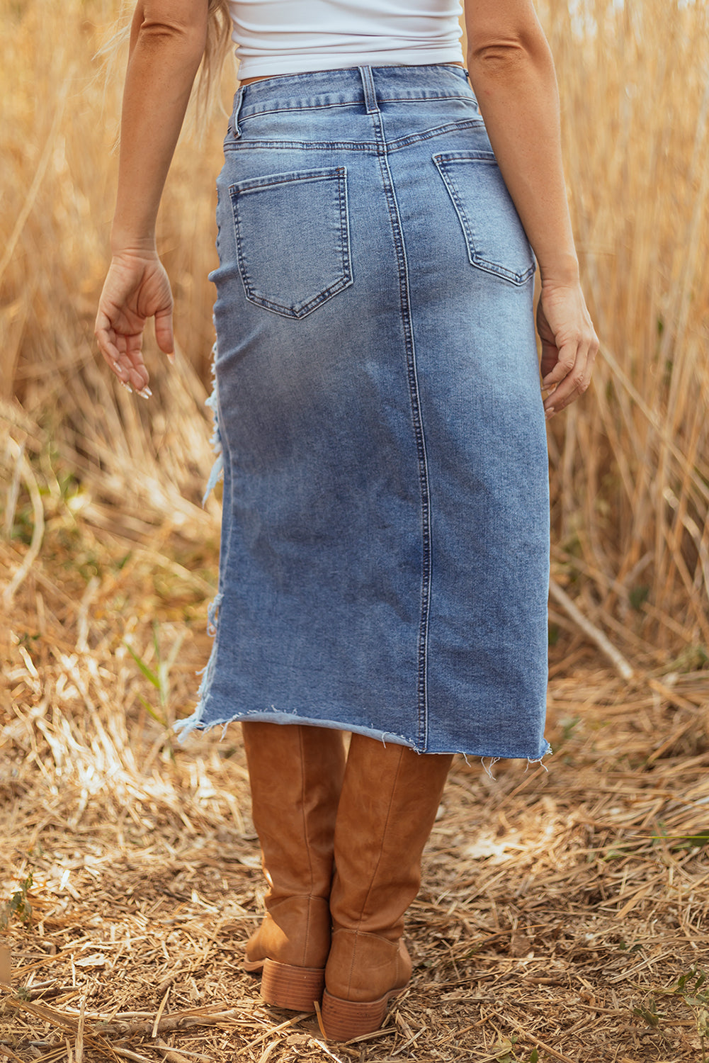 Myosotis Distressed Denim Midi Skirt