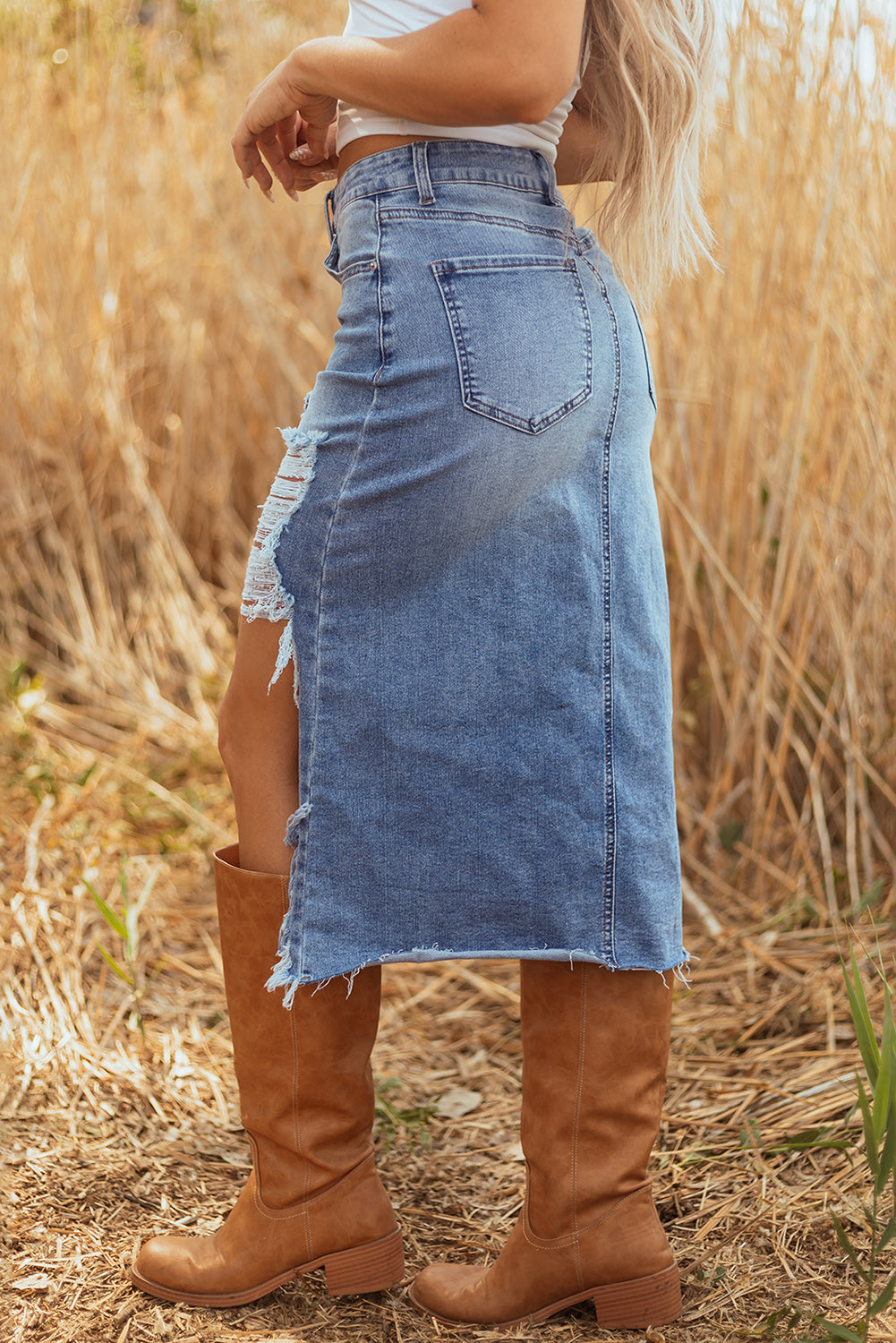 Myosotis Distressed Denim Midi Skirt